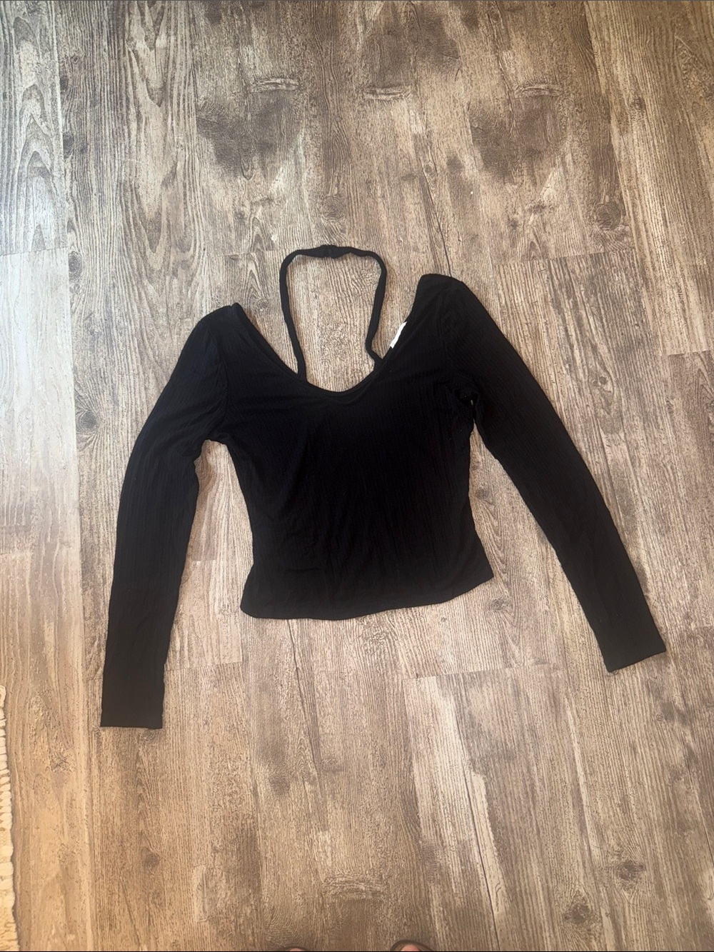 Lush Black Ribbed Long-Sleeve Halter-Back Top
